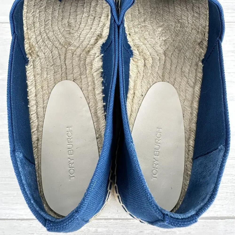 Tory Burch Flat Espadrille Size 8 Raffia‎ Embroidered Straw Blue Tropical Cruise